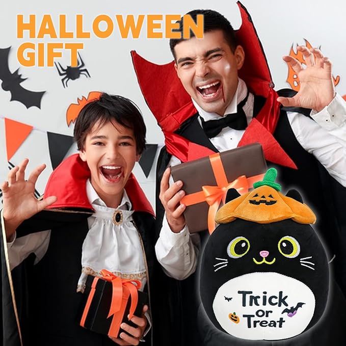 Halloween Stuffed Animal, Halloween Plush Black Cat with Pumpkin Hat, Cute Plushies for Kids Gift