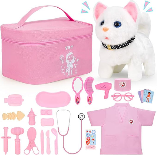 Doctor Kit for Girls, 27 Pcs Veterinarian Playset with Walking Cat Toy, Carrying Bag, Stethoscope & Dress Up Costume, Pretend Play Gift for Kids Toddlers Ages 3 4 5 6 Year Old