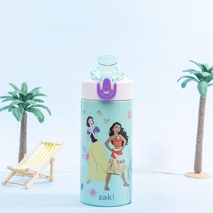 Zak Designs Disney Princess Kids Water Bottle For School or Travel, 14oz Stainless Steel Water Bottle With Straw, Handle, and Leak-Proof, Pop-Up Spout Cover (Ariel, Moana, Snow White, Tiana)
