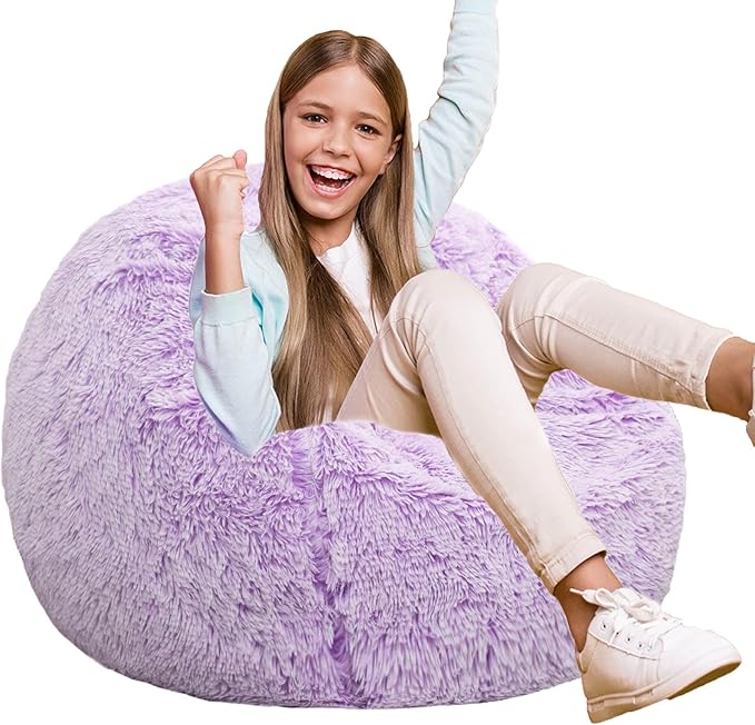 Fluffy Bean Bag Chair for Kids, 2.5FT Round Memory Foam Filled Bean Bag for Teens & Kids, Ultra Soft Faux Fur Fabric Bean Bag Chairs for Playroom, Living Room, Bedroom, Lavender
