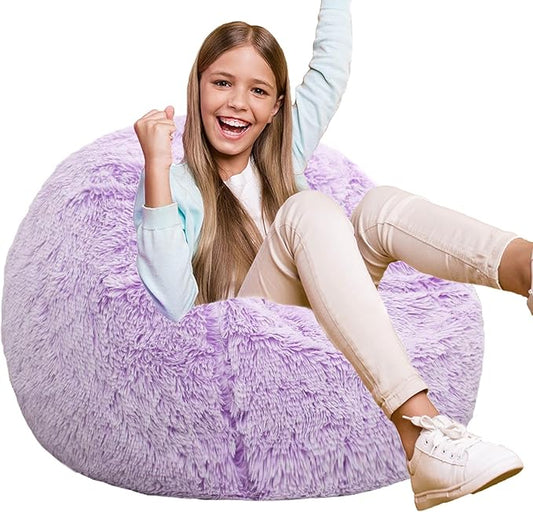Fluffy Bean Bag Chair for Kids, 2.5FT Round Memory Foam Filled Bean Bag for Teens & Kids, Ultra Soft Faux Fur Fabric Bean Bag Chairs for Playroom, Living Room, Bedroom, Lavender