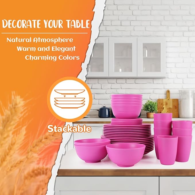 Wheat Straw Dinnerware Set 40 PCS | Service for 8 | Unbreakable Plates and Bowls Sets Plastic Reusable Dishes Sets Dinner Plates, Cereal Bowls, Water Cups Kitchen Set for Home RV- Pink