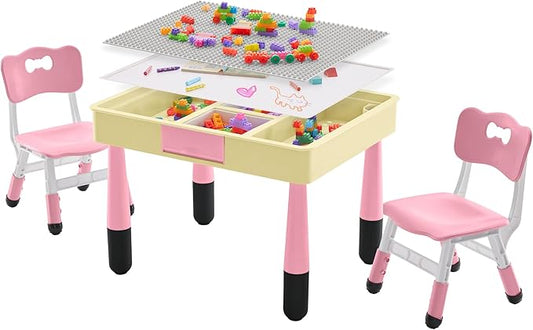 4 in 1 Kids Table and 2 Chairs Set with Storage, Toddler Table and Chair Set for Kids Ages 3-10, Graffiti & Building Blocks Double-Sided Tabletop (Pink, 2 Chairs)
