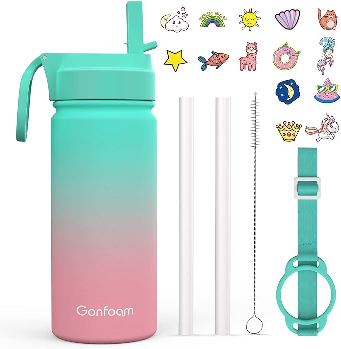Kids Water Bottle, 16oz Water Bottles Kids with Straw and Stickers, Stainless Steel Vacuum Double Wall Insulated cup, Kids Water Bottle for School, Gifts for Girls(Green)