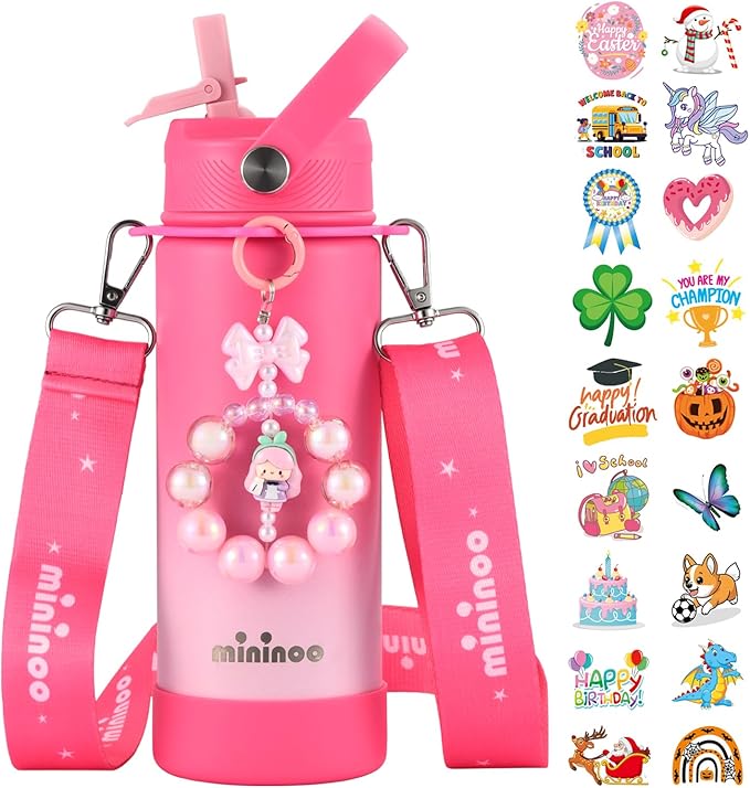 Mininoo Insulated Stainless Steel Kids Water Bottle for School with Straw Lid & Strap, 50 Stickers, 18 oz(Sweat Peach)