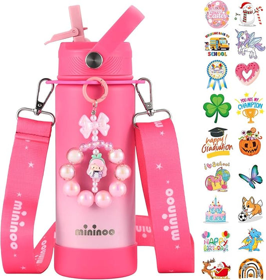 Mininoo Insulated Stainless Steel Kids Water Bottle for School with Straw Lid & Strap, 50 Stickers, 18 oz(Sweat Peach)