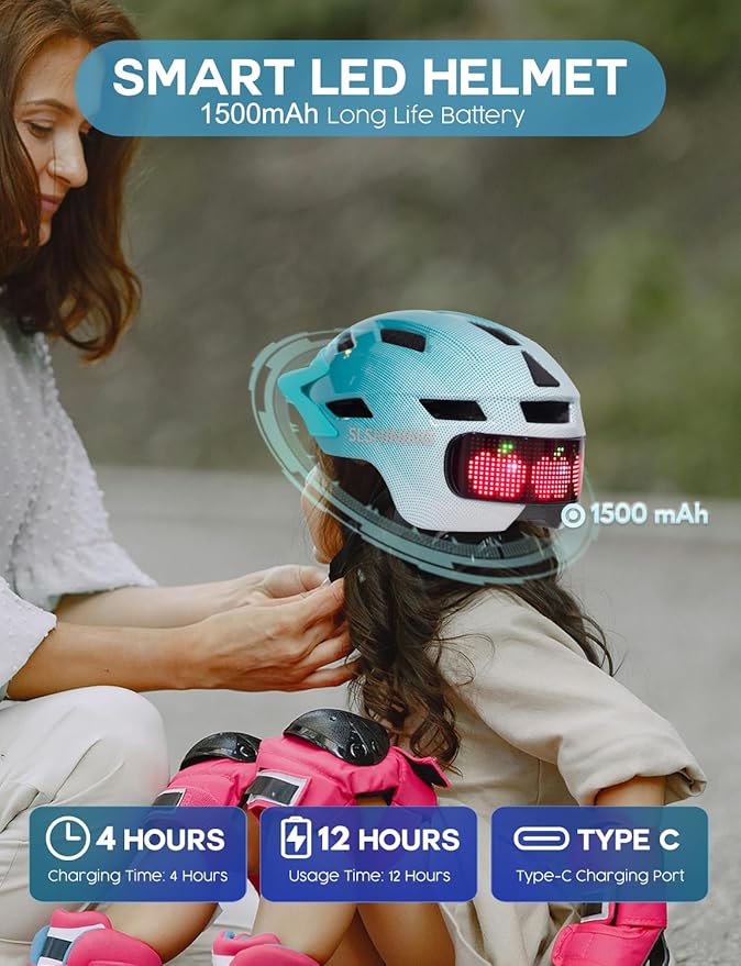 Kids Helmet - Toddler Bike Helmet with LED Turnning/Stop Signals & Customizable Display - Breathable Lightweight Boy/Girl Helmet for Skateboard, Roller Skate, Scooter
