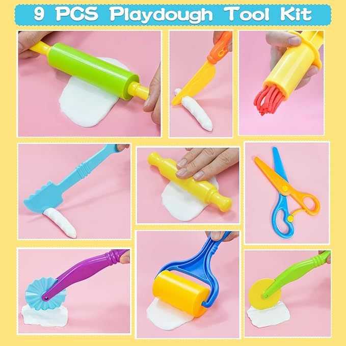 Playdough Tool Set, 9 Pcs Play Dough Tools Sets for Kids Ages 4-8, Playdough Accessories Includes Cutters Roller, Rolling Pins, Safety Scissors, Plastic Knife