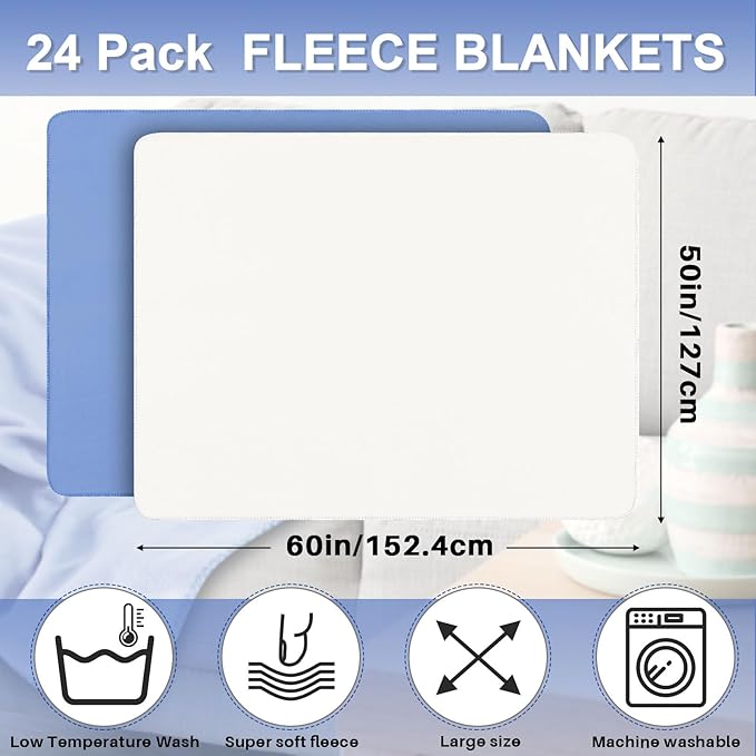 Newwiee 24 Pcs Fleece Throw Blankets Bulk Outdoor Wedding Guest Gifts Soft Lightweight Sleepover Lap Blankets Pet Home Sofa Couch Office Donation Homeless, 50 x 60 Inch (Mist Blue/White)