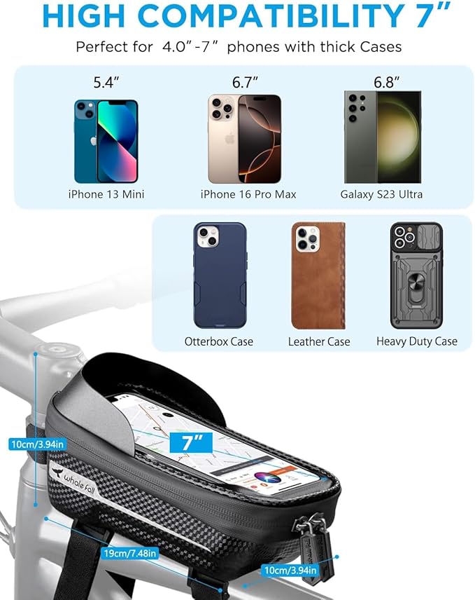 whale fall Bike Frame Bag Waterproof, 3D Eva Hard Shell, Bike Phone Holder, Bicycle Top Tube Bag, Cycling Pouch with Rain Cover, Bike Accessories for Phones Under 7"