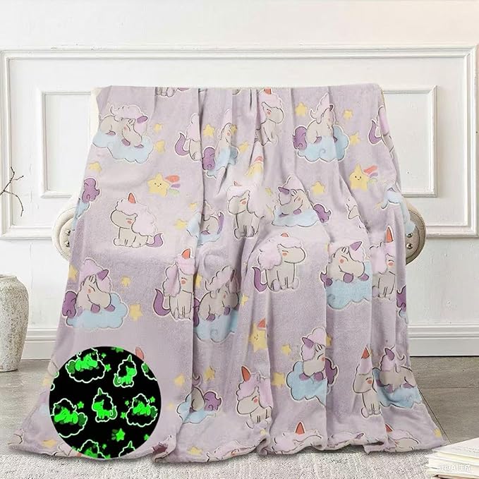 Glow in The Dark Blanket Unicorn Pattern for Unique Birthday Gifts for Girls Boys Teens, Lightweight Soft Cozy Warm Fuzzy 60"×80" Purple