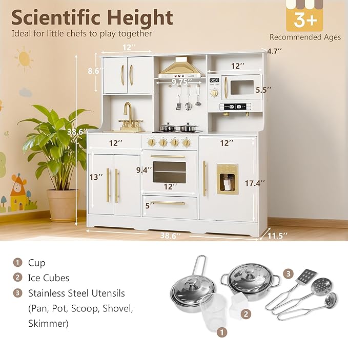 Kinder King Wooden Kids Play Kitchen, Toy Kitchen Playset for Toddler, Play Kitchen Set w/Real Sounds, Pretend Coffee Machine, Kitchen Hood, Sink, Ice Maker, Gift for Boys Girls Age 3+, White