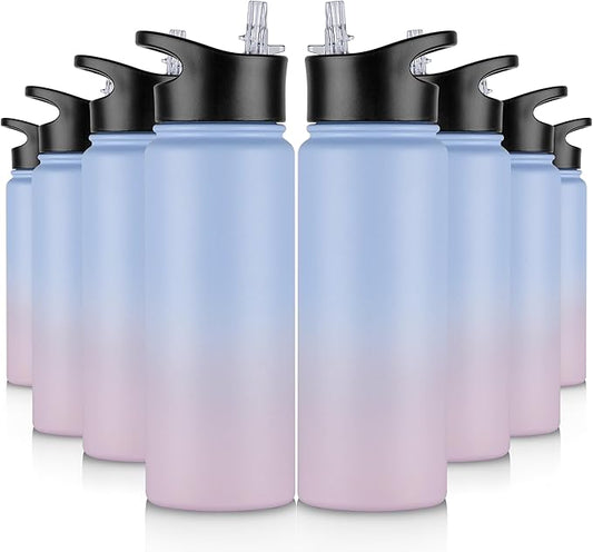 24 oz Insulated Water Bottle Bulk 8 Pack, Stainless Steel Sports Water Bottles with Straw Lid & Wide Mouth Lids, Double Walled Vacuum, Leak Proof, Pink Blue Gradient