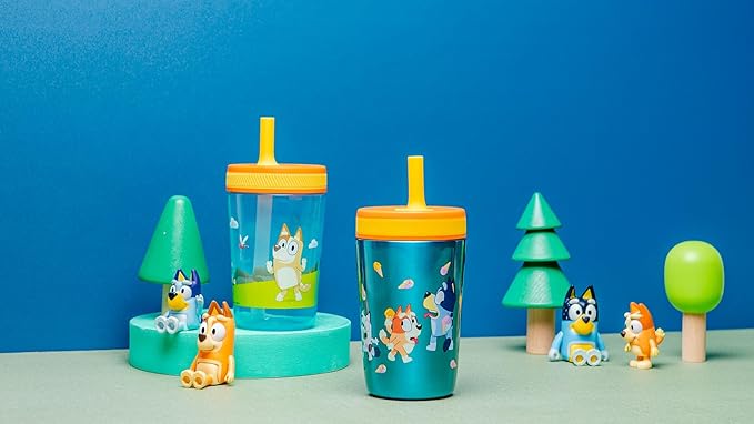 Zak Designs Bluey Kelso Tumbler Set, Leak-Proof Screw-On Lid with Straw, Bundle for Kids Includes Plastic and Stainless Steel Cups with Bonus Sipper, 3pc Set
