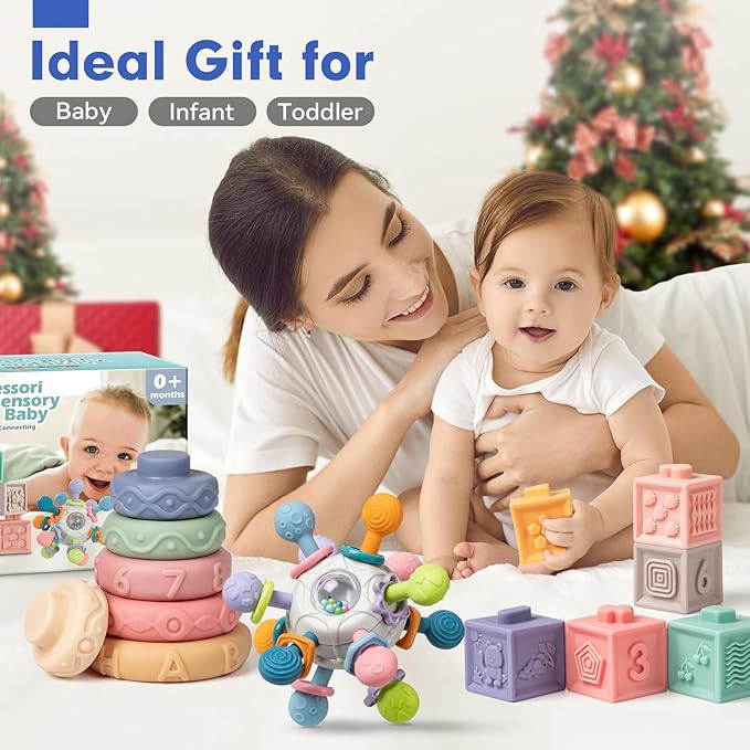 Baby Sensory Teething Toys Set, Montessori Baby Toys 6-12 Months, Incl Newborn Rattle Teether & Baby Blocks & Soft Stacking Rings, Ideal Babies Boy Girl Gifts, Infant Toys 0-3-6-9-12-18 Month