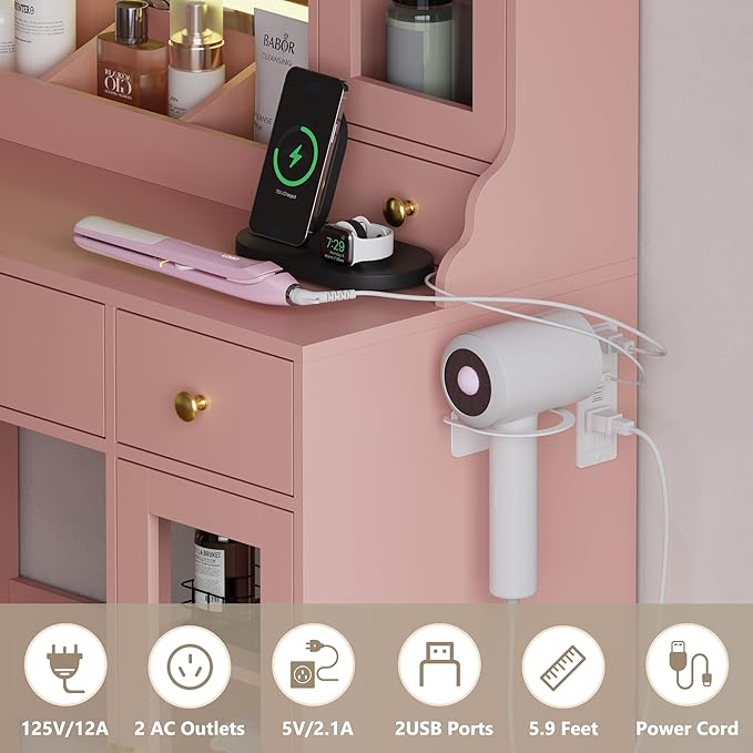 Vanity Desk with Mirror and Lights, Pink Makeup Vanity Table with 3 Modes & Adjustable Brightness, Glass Cabinets, Drawers, Outlet, Modern Dressing Table for Bedroom, Girls, Women, Teens