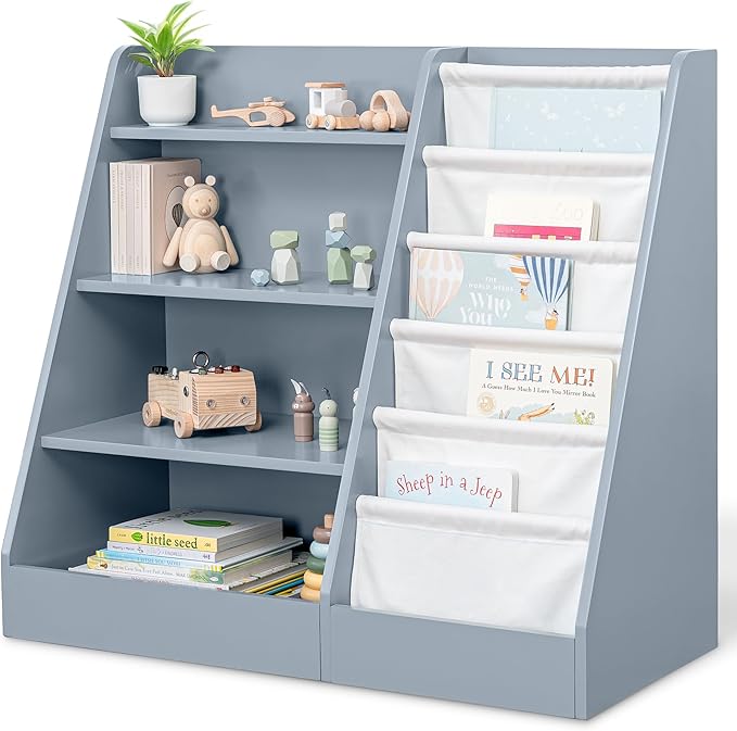 Comfy Cubs Kids Bookshelf 35.2 x 15.7 x 31.5 Inches - Sturdy MDF Montessori Book Shelf with Soft & Hard Shelves for Toys & Books - Child-Friendly, Easy Access Storage Organizer for Kids - Blue
