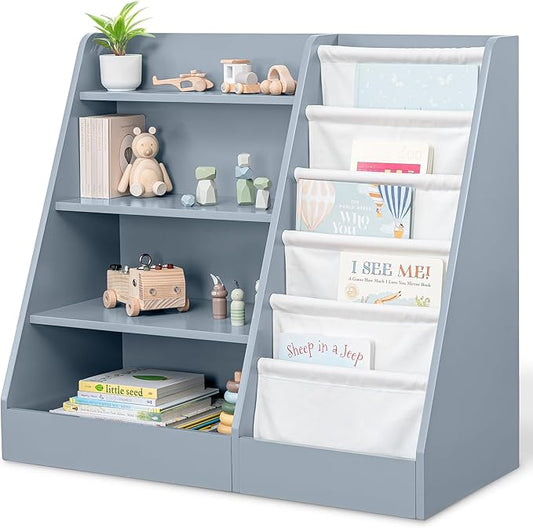 Comfy Cubs Kids Bookshelf 35.2 x 15.7 x 31.5 Inches - Sturdy MDF Montessori Book Shelf with Soft & Hard Shelves for Toys & Books - Child-Friendly, Easy Access Storage Organizer for Kids - Blue