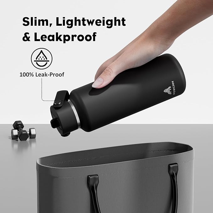 POWCAN 18 oz Kids Water Bottle: Leakproof, Keep Cold 24H, Cupholder Friendly, Top Handle, BPA-Free, Slim Insulated Water Bottle with Straw for School, Sport, Travel, Gym, Running (Midnight Black)