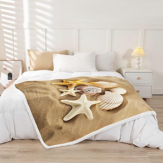 Starfish Fleece Throw Blanket Beach Starfish Seashells Plush Blanket for Sofa Couch Bed Ocean Marine Themed Sherpa Blanket Hawaiian Beach Fuzzy Blanket Tropical Beach Room Decor Queen 90x90 Inch