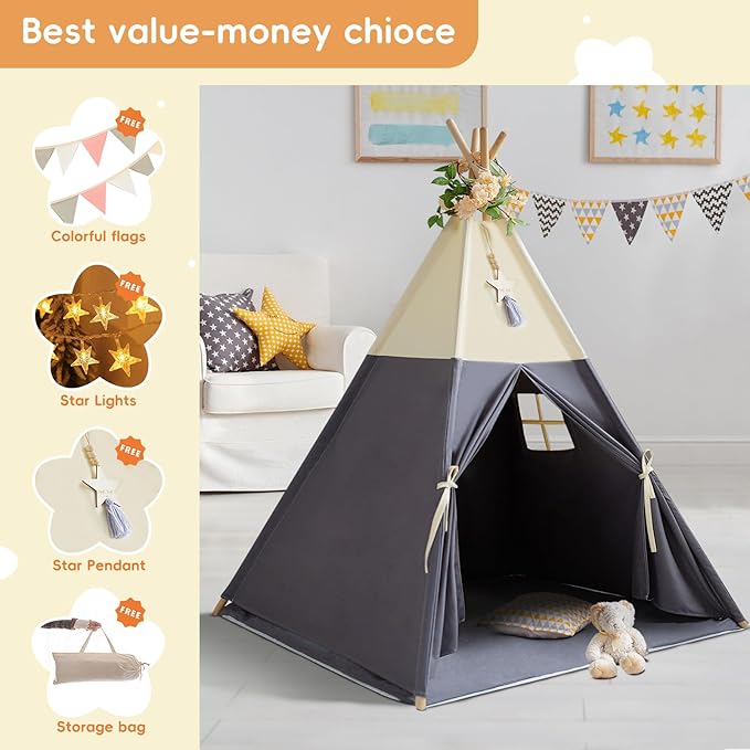 Teepee Tent for Kids, 100% Cotton Play Tent with Mat, Kids Teepee Tent with Colored Flag, Quality Portable Play Tent with Carry Bag for Girls and Boys Indoor Outdoor (Beige Gray with Mat)