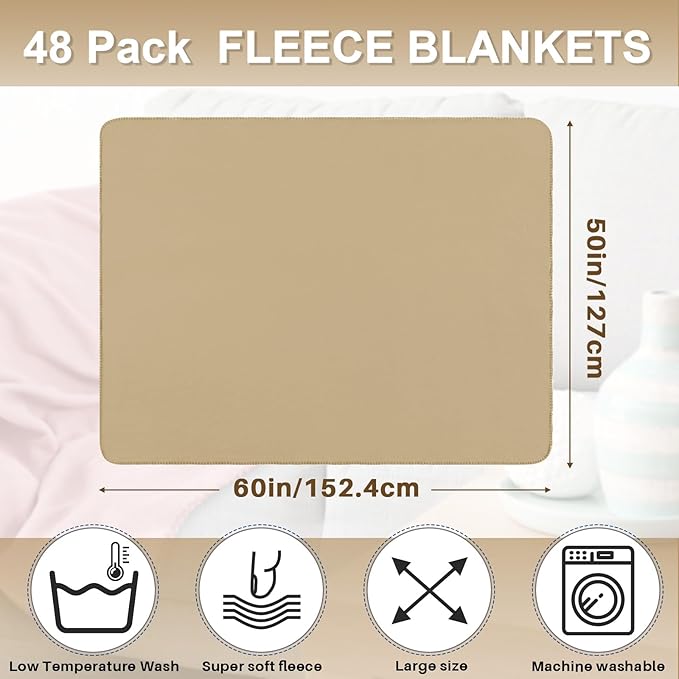 Newwiee 48 Pcs Fleece Throw Blankets Bulk Outdoor Wedding Guest Gifts Soft Lightweight Sleepover Lap Blankets Pet Home Sofa Couch Office Donation Homeless, 50 x 60 Inch (Khaki)