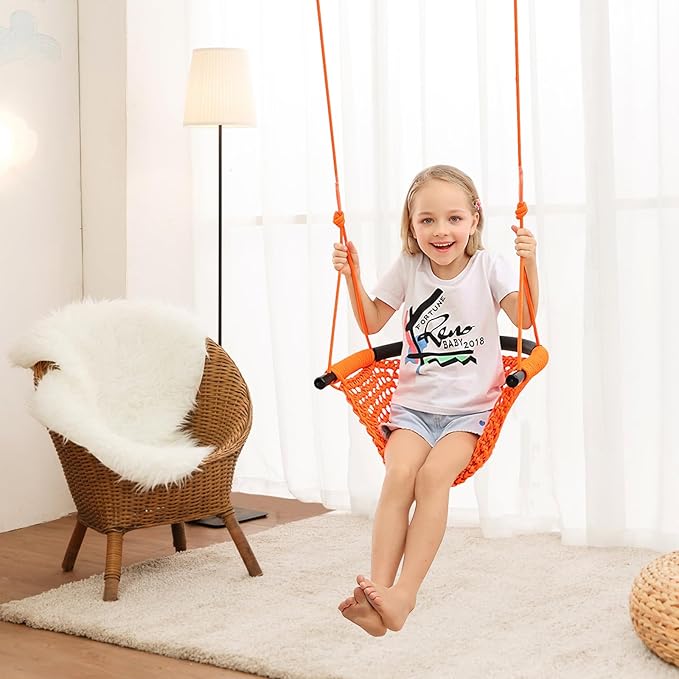 JKsmart Swing Seat for Kids Heavy Duty Rope Play Secure Children Swing Set,Perfect for Indoor,Outdoor,Playground,Home,Tree,with Snap Hooks and Swing Straps,440 lbs Capacity,Orange