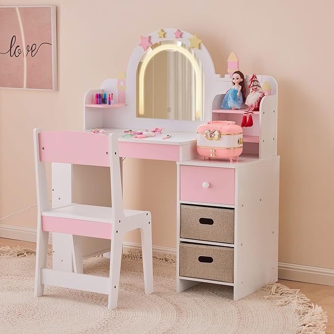 Kids Vanity Table and Chair Set with Lights, Toddler Makeup Vanity Desk with Open Bookshelf, Girls Vanity with Removable Drawers, Storage Shelves,Castle Star Pattern for Princess, White
