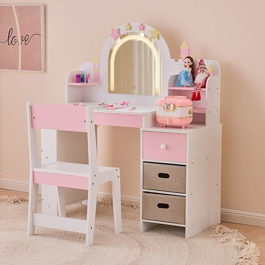 Kids Vanity Table and Chair Set with Lights, Toddler Makeup Vanity Desk with Open Bookshelf, Girls Vanity with Removable Drawers, Storage Shelves,Castle Star Pattern for Princess, White