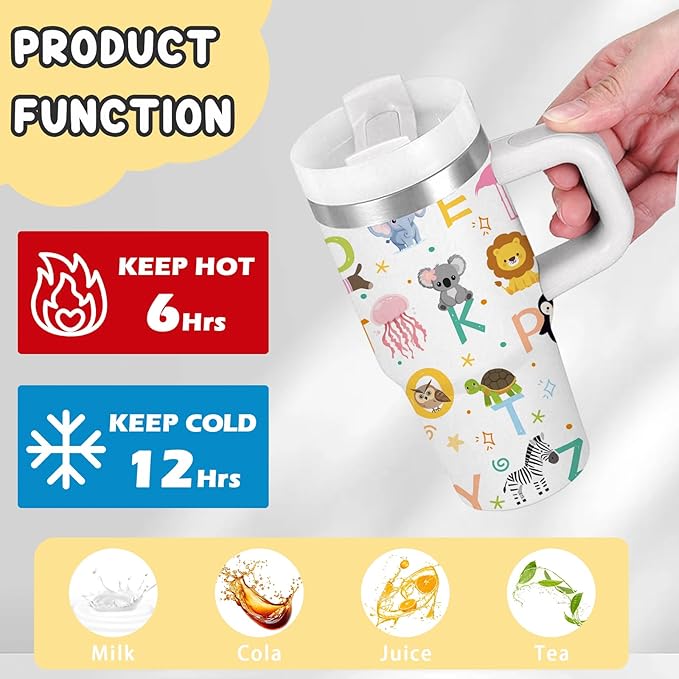 14 oz Kids Animal Alphabet Tumbler with with Handle Straw Lid, Stainless Steel Insulated Water Tumbler, Abc Letters Stuff, for Sports, School, Travel - Back to School Children Birthday Gifts Cups(1pc)