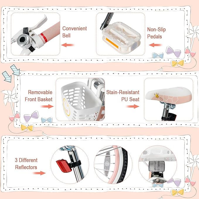 HONEY JOY Kids Bike, 12 14 16 18 20 Inch Toddler Bikes w/Training Wheels, Handbrake & Coaster Brake, Fully Enclosed Chain, Adjustable Handlebar & Seat, Kids Bicycle w/Basket, Girls Boys Bike 3-8