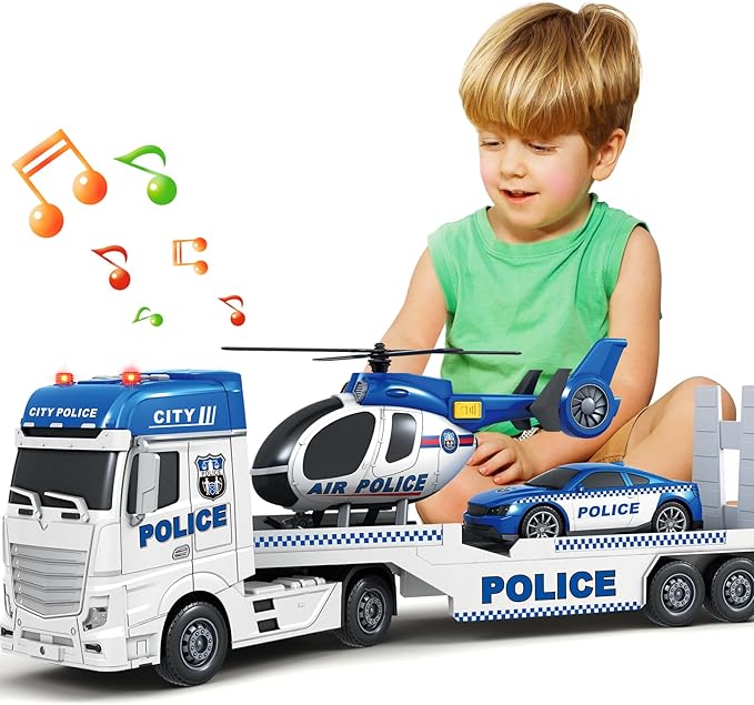 SpringFlower Toddler Boy Toys, 25" Large Police Truck Toy with Racing Car and Helicopter,3 in 1 Police Car Boy Toy, Christmas Birthday Gifts for Kids 3 4 5 6 Years Old