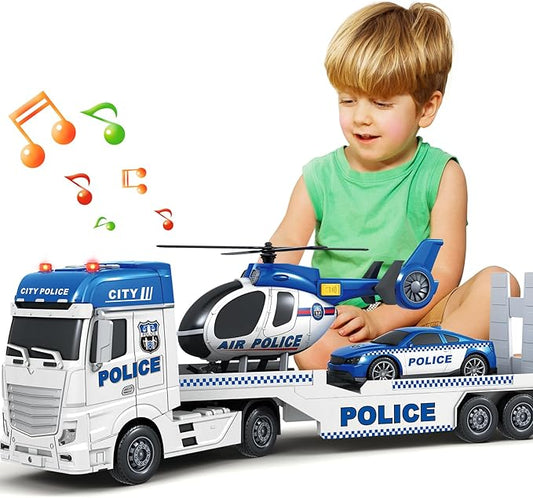 SpringFlower Toddler Boy Toys, 25" Large Police Truck Toy with Racing Car and Helicopter,3 in 1 Police Car Boy Toy, Christmas Birthday Gifts for Kids 3 4 5 6 Years Old