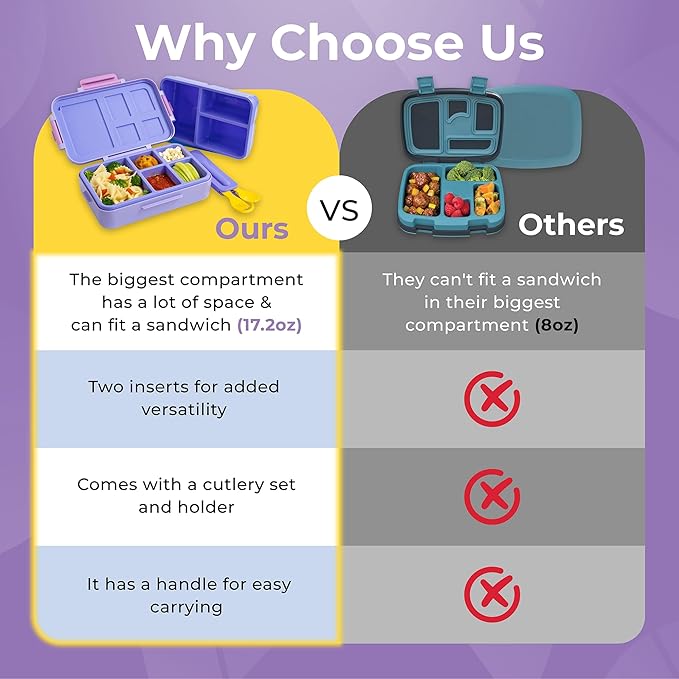 ovve® Ultimate Kids Bento Box & Cutlery Set - Leakproof Lunch Box for Kids with Interchangeable Inserts, BPA-Free, Dishwasher & Microwave Safe - Lunch Containers for School & Preschool (Purple)