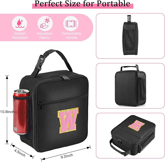 Initial Insulated Lunch Bag, Lunch Box with Initial Letter Patch for Teen Adult, Reusable Lunch Bag for Men Women, Ideal Back to School Gift Birthday Gift, Pink W