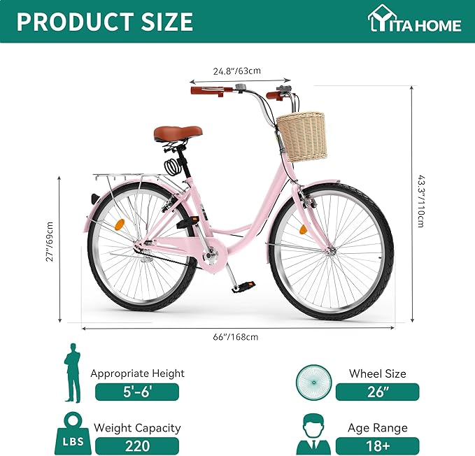 YITAHOME Beach Cruiser Bike for Women, 24 & 26 inch Commute Bike for Adults, 1 & 7 Speed Womens Bicycle with Basket Adjustable Seat, Multiple Color