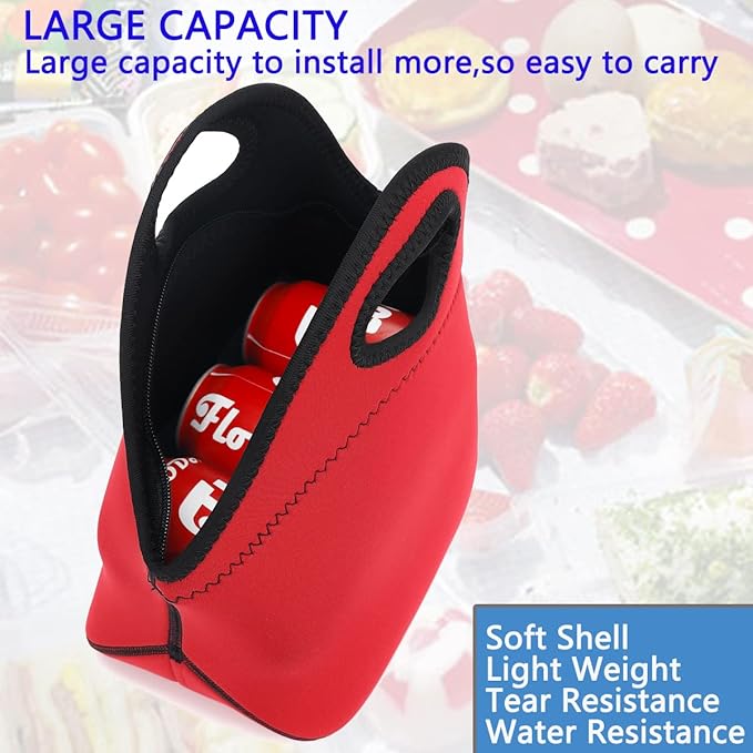 FlowFly Neoprene Lunch Tote Insulated Thermal Reusable Lunch Bag Box for Boys Men with Zipper (Red)