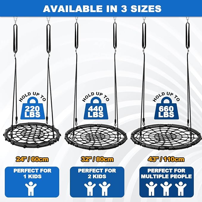 Odoland Spider Web Tree Swing for Kids and Adult, Outdoor Saucer Net Round Swing with Steel Frame and 2 Hanging Straps and Turnbuckle - 43in Large Platform for Backyard Park Travel