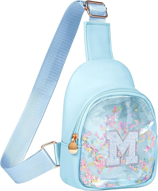 COSHAYSOO Personalized Christmas Birthday Gifts Burr Basket Stuffers for Girls Blue Purse Sling Bag Crossbody Girl Cute Funny Cool Mini Travel Fashion Accessories Monogrammed Initial Letter M