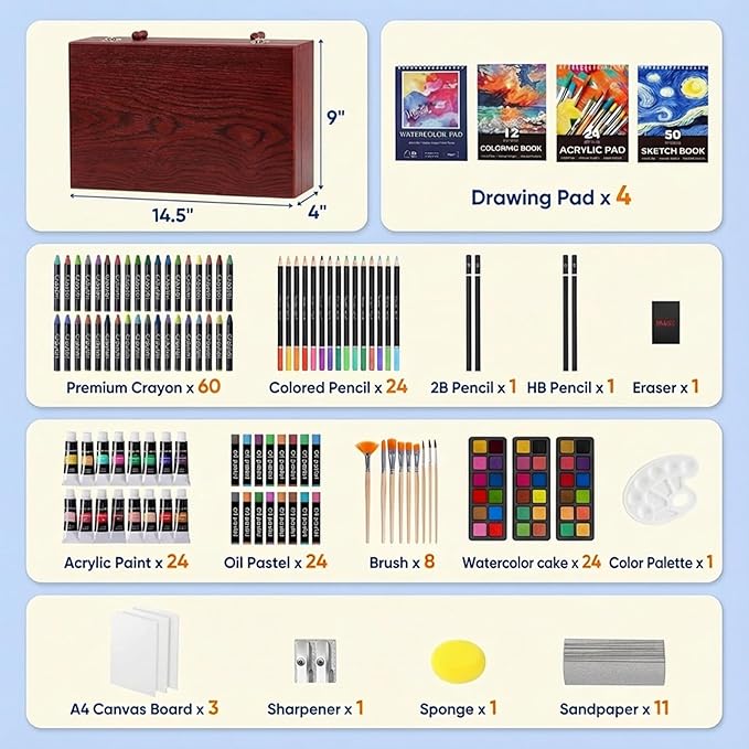 194 Piece Deluxe Art Set, Painting Drawing Art Supplies with 4 Drawing Pads, Acrylic Paints, Crayons, Colored Pencils Set in Wooden Case, Art Kit Gift Box for Kids, Teens, Adults, Artists, Beginners