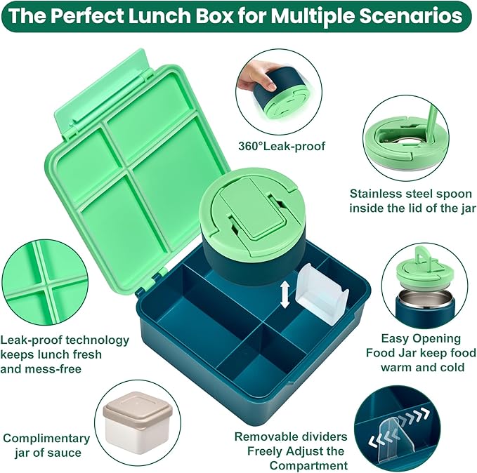 Bento Lunch Box with 8oz Soup Thermo,Kids Leakproof 4 Compartment Lunch Food Containers with Sauce Cup and Ice Pack,Kids Thermo Insulated Hot Food Jar and Lunch Bag for School,Trvael-Green