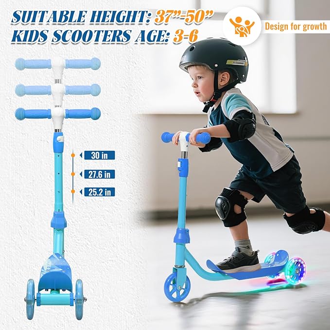 Kids Kick Scooter with Adjustable Height & LED Flash Wheels | 3 Growing Levels | Outdoor Fun for Boys & Girls
