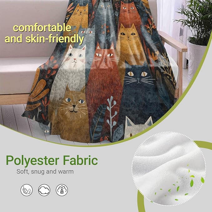 Abstract Cat Blanket,Colorful Kitten and Plant Art Fleece Blankets,Soft Warm Decorative Throw for Couch,Bedroom,Travel,Camping,Practical Throws Gifts for Kids Adults Pet Lovers,60X80 Inch