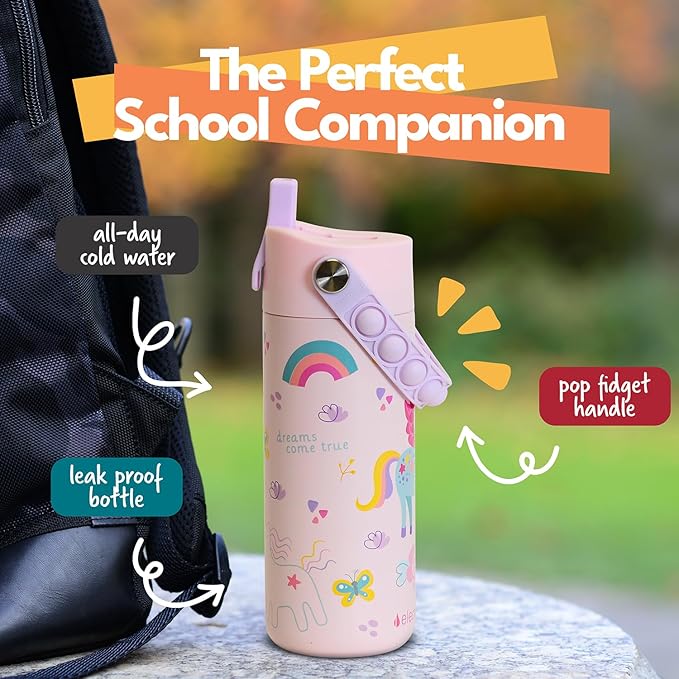 Elemental Insulated Kids Water Bottle, Stainless Steel Water Bottle with Straw Lid & Pop-It Handle, Leak-Proof Water Bottles for School, Boys or Girls, Travelling and Sports, 18oz - Unicorn Rainbow