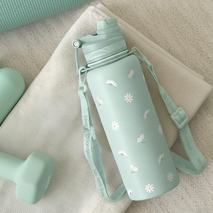 SANDJEST Mint Daisy Stainless Steel Water Bottle with Strap 32oz, Insulated Bottles with Straw and Spout Lid for Gym Sports Travel Outdoor, Gifts for Women Girls Birthday Christmas