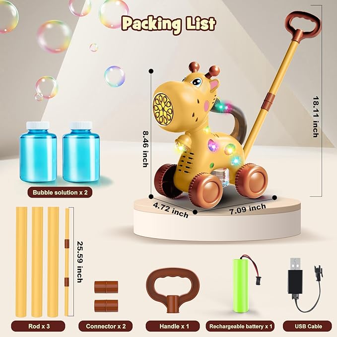 Nicmore Automatic Bubble Machine Toddler Toys: Giraffe Bubble Lawn Mover Outdoor Toy for 1 2 3 4 5 Year Old Boy Girl - Push or Handheld Bubble Maker Blower for Age 1-3 Kids Birthday Gifts