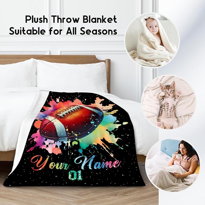 Personalized Football Blanket, Custom Football Gifts for Boys Men Adults, Flannel Throw Blankets for Team Player, Sport Theme Throws Boys Room Decor for Couch Bed (Colorful, 50x60 Inch)