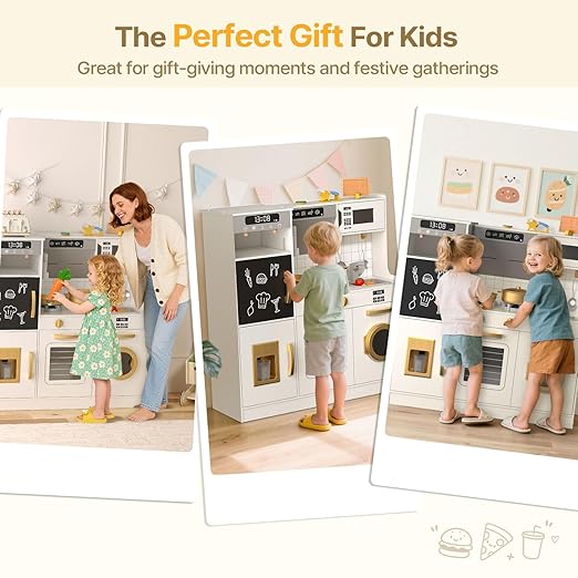 BIERUM Play Kitchen - Kids Kitchen Playset with Realistic Lights & Sounds, 28 Pcs Toy Food & Cookware Accessories, Plenty of Play Features, Idea Gift for Boys and Girls Ages 3+