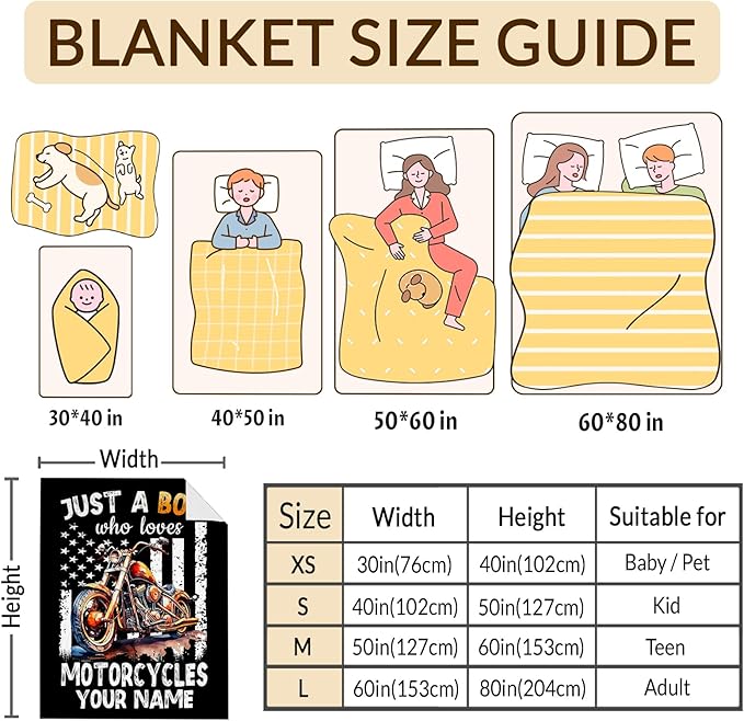 Personalized Motorcycle Gifts for Boys Men, 60x80 Inches Cool Throw Blanket for Kids Adults Motorbike Lovers Motorcycle Riders, Custom Black Soft Blankets for Couch Sofa Bed Travel