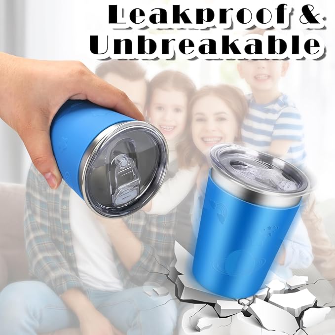 ShineMe Stainless Steel Kids Cups with Straws and Lids, 2 Pack Toddler Cups Spill Proof with Cute Sleeves in Bright Colors, 12oz Unbreakable Kids Drinking Tumblers for Cold/Hot Drinks (Red & Blue)